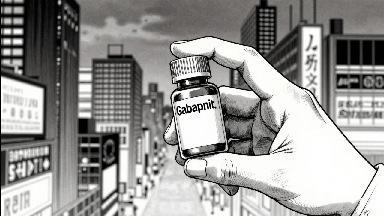 Hand holding medication bottle against a chaotic cyberpunk city backdrop.