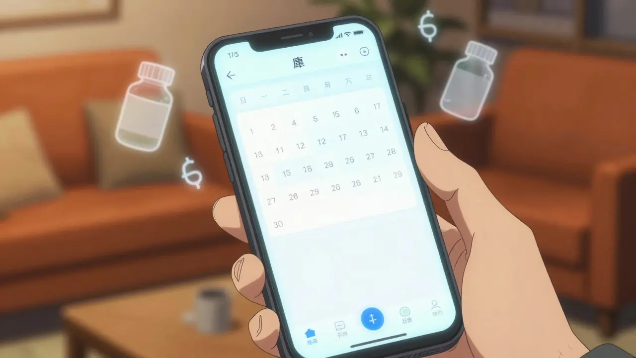 Hand holding smartphone with calendar app showing refill reminder in anime style