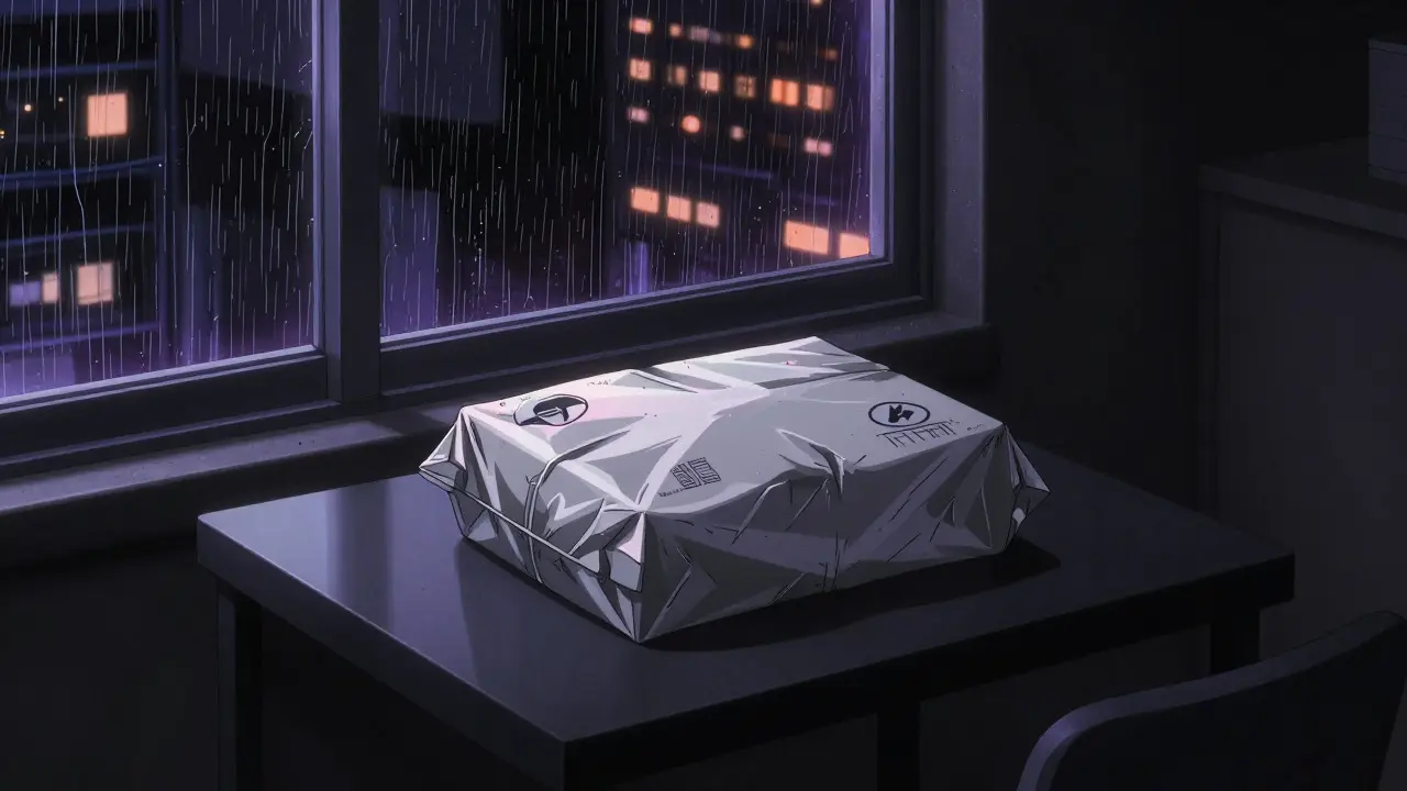 Medication package on a table in a rainy cyberpunk apartment setting