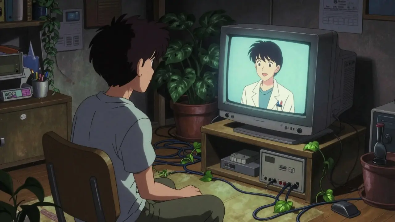 Patient consulting a doctor via retro monitor in a detailed apartment setting.