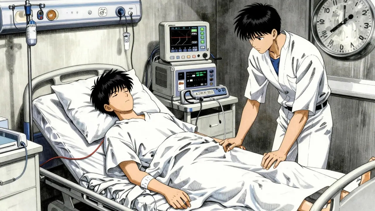 Patient resting in hospital bed with IV fluids for observation