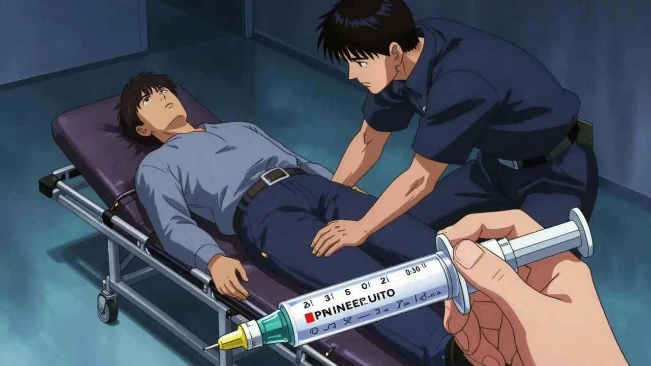 Rescuer laying patient flat while preparing epinephrine injector