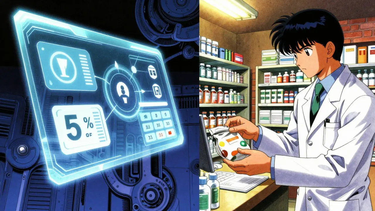 Split view of digital health app and physical pharmacy in manga style