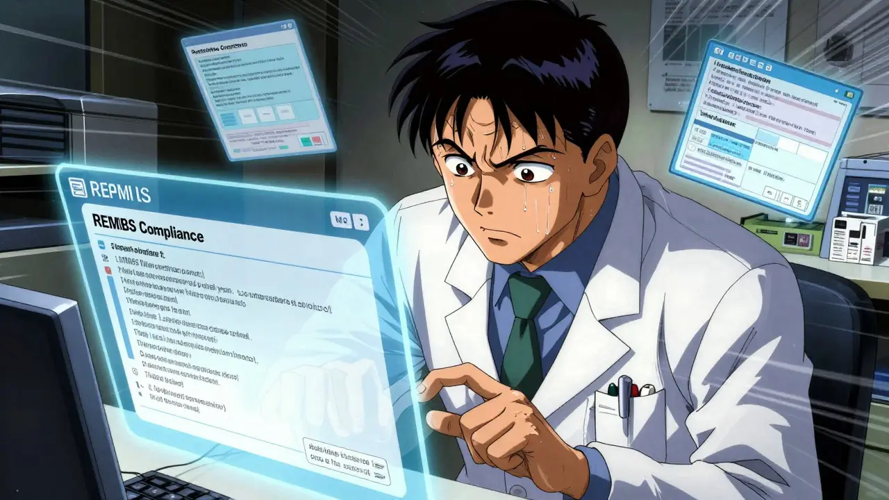 Stressed pharmacist navigating complex digital verification systems.