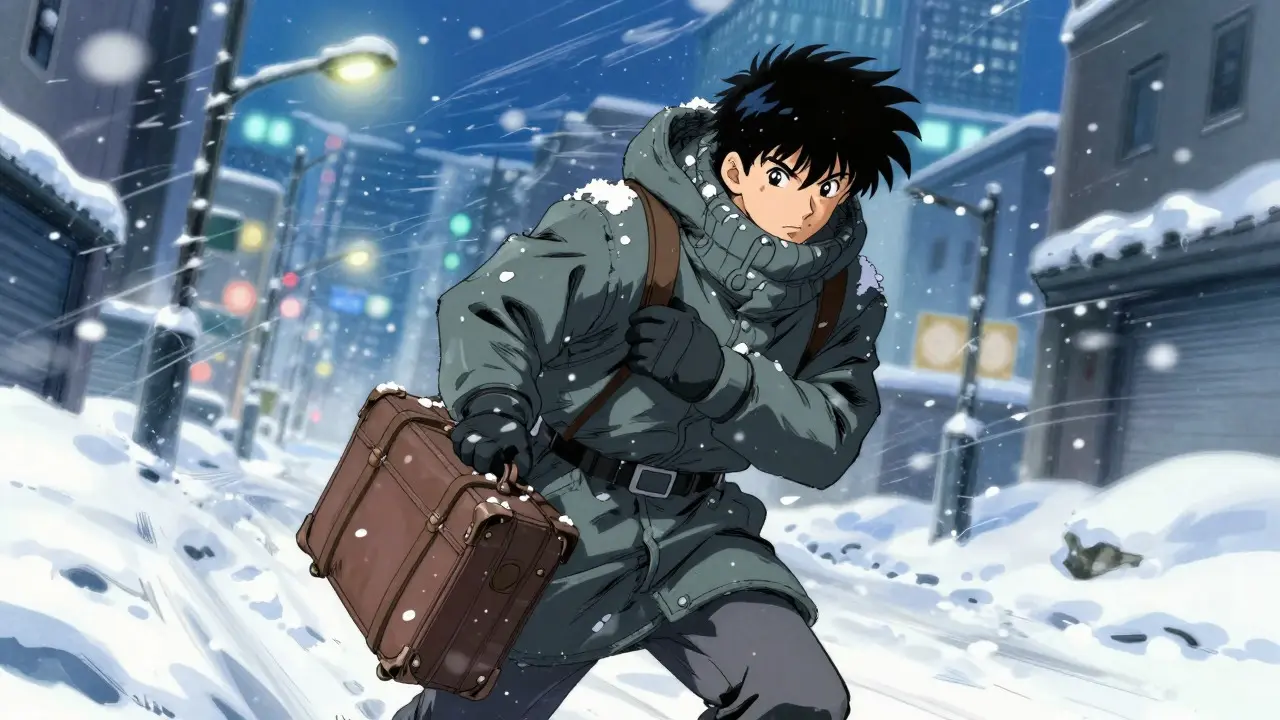 Traveler holding a padded suitcase tight against their chest in a snowy street