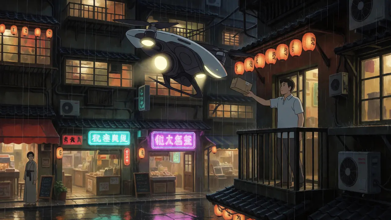 Drone delivering medicine to a balcony in a rainy city