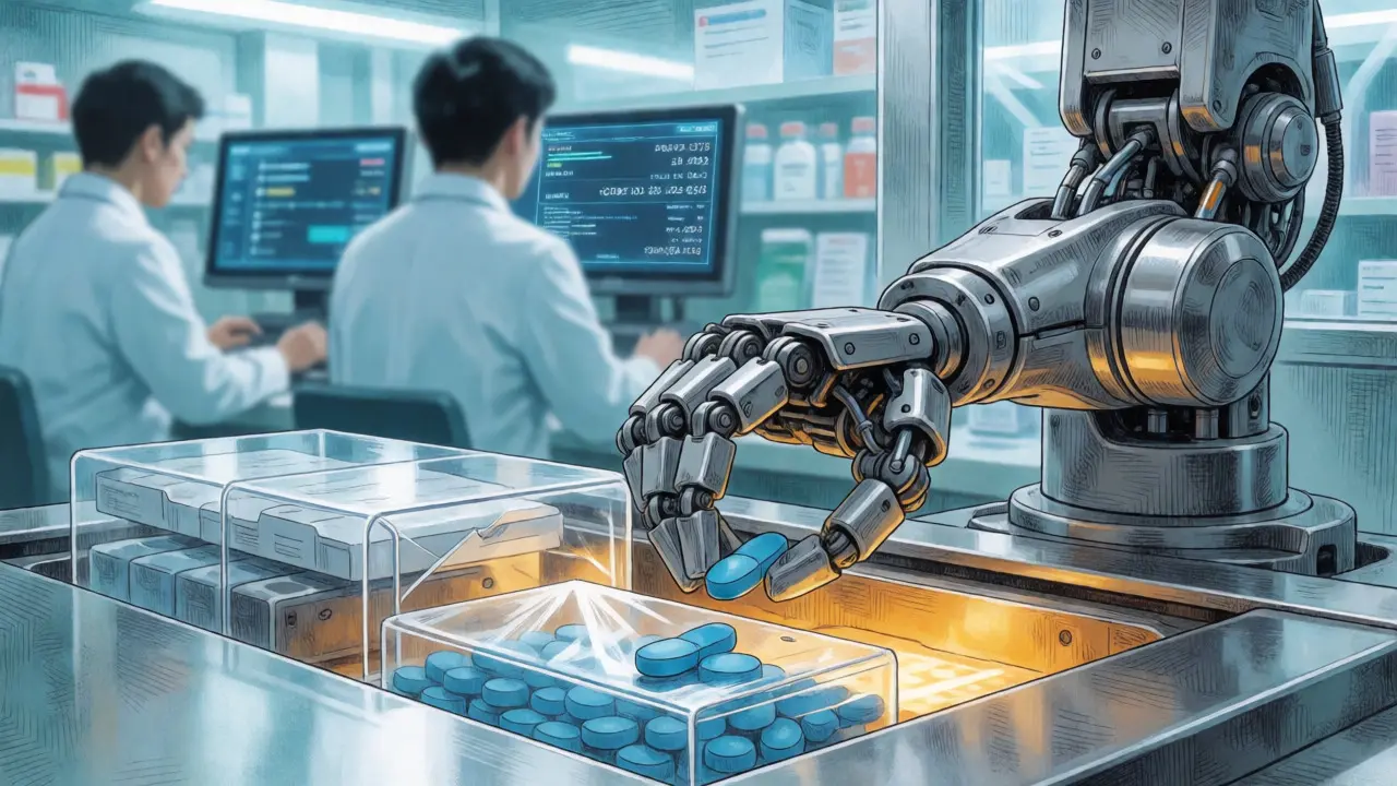 Robotic arm packaging medication in a high-tech pharmacy